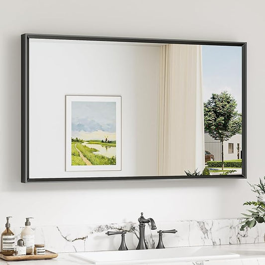 Keonjinn 40 x 24 Inch Black Bathroom Mirrors for Over Sink, Beveled Rectangle Framed Mirrors for Wall, Black Bathroom Vanity Mirror, Tempered Glass, Square Corner, Farmhouse Style