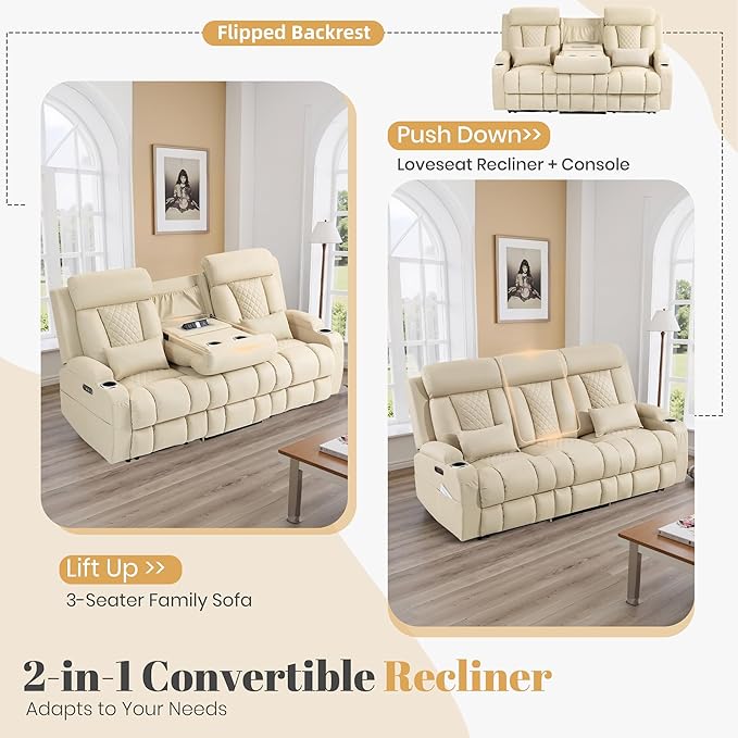 2-Piece Power Reclining Sofa Set, 3-Seater Sofa with Drop-Down Console & 2-Seater Loveseat, Zero Wall Hugger Electric Recliner Couch with Adjustable Headrest, AC Outlets (Beige, 2+3)