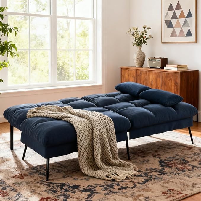COMHOMA Convertible Sofa Bed,72″Fabric Couch with Adjustable Backrest,Loveseat Recliner Sleeper Living Room Furniture futon Set (Blue)