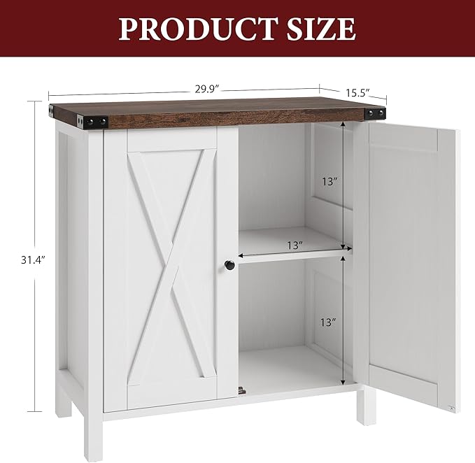 GarveeHome Small Storage Cabinet, Farmhouse Sideboard Buffet Cabinet with 2 Doors and Adjustable Shelves, Accent Entryway Console Cabinets for Living Room, Dining Room (White+Brown, 2 Pieces)