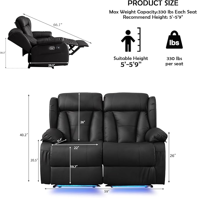 59" Loveseat Recliner Sofa, Manual Reclining Double Loveseat with USB-A & USB-C Ports/LED Lights, RV Couch for Living Room & Home Theater with Cup Holders/Side Pockets (Black with LED)
