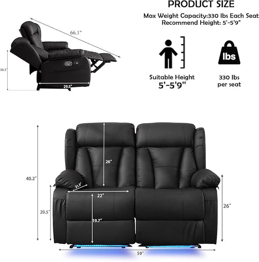 59" Loveseat Recliner Sofa, Manual Reclining Double Loveseat with USB-A & USB-C Ports/LED Lights, RV Couch for Living Room & Home Theater with Cup Holders/Side Pockets (Black with LED)
