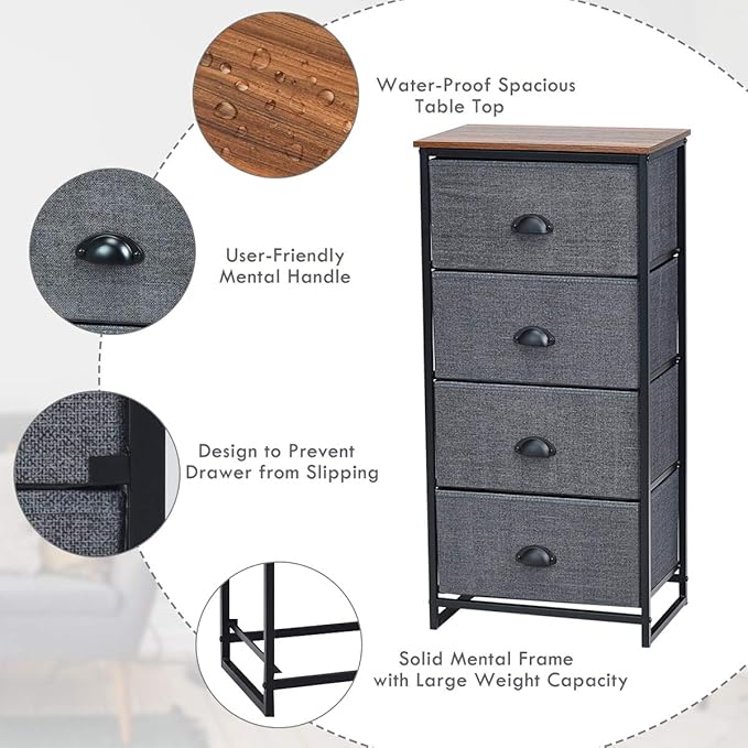 Giantex Dresser Storage Tower Nightstand W/Fabric Drawers, Sturdy Steel Frame and Wood Top Organizer Unit for Bedroom, Living Room, Entryway,Closets End Table Storage Unit (37’’(H), Black)
