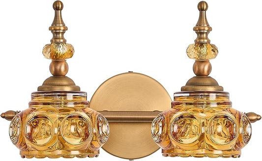 Vintage 2-Light Bathroom Lighting Amber Rose Vanity Light Fixtures Wall Sconce with Crystal Glass Shade Rust-Proof and Durable for Bedroom Living Room Hallway