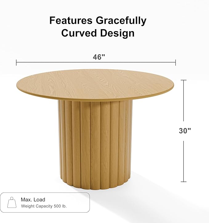 Casaphoria 46" Round Dining Table, Modern Wood Kitchen Table with Cylindrical Wide Bar Protruding Base for Living Room & Dining Room, Easy Assembly Farmhouse Furniture for 4-6, Oak