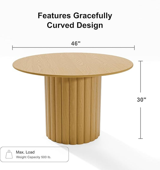 Casaphoria 46" Round Dining Table, Modern Wood Kitchen Table with Cylindrical Wide Bar Protruding Base for Living Room & Dining Room, Easy Assembly Farmhouse Furniture for 4-6, Oak