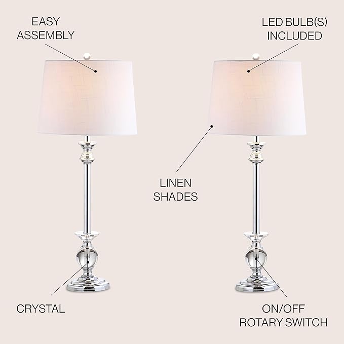 JONATHAN Y 33" Crystal and Chrome LED Table Lamp Set of 2, Contemporary Clear Metal Lamps for Living Room Bedroom, White Linen Drum Shade, LED Bulbs Included, UL Listed JYL2056A-SET2