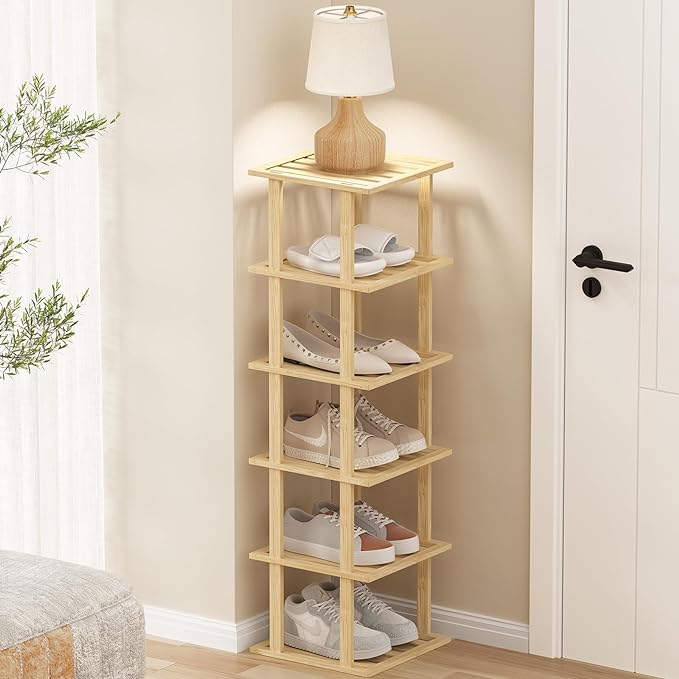 6-Tier Bamboo Shoe Rack - Vertical Shoe Rack for Small Spaces, Tall Narrow Shoe Rack Organizer for Closet Entryway Corner Garage and Bedroom,Free Stackable DIY，Primary Colours