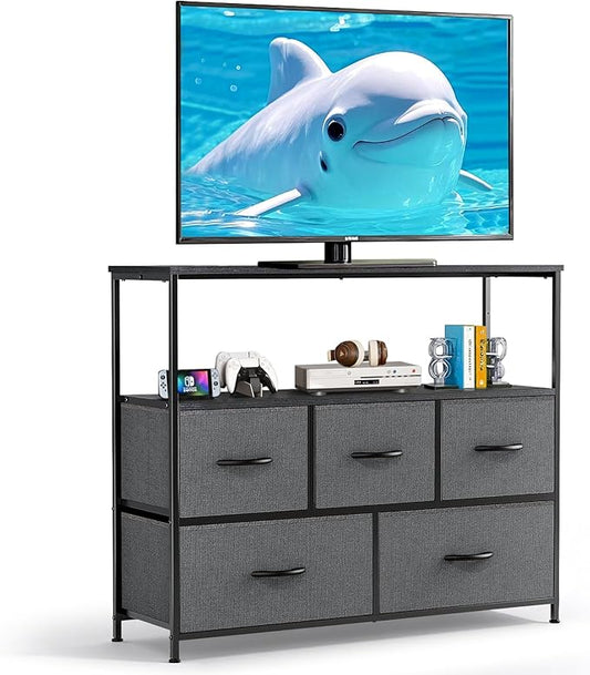 TV Stand, 5 Fabric Drawers Dresser Entertainment Center for TV up to 45 inch Wooden Media Console Table Storage Organizer with Open Shelf, for Living Room, Bedroom, or Small Space, Gray