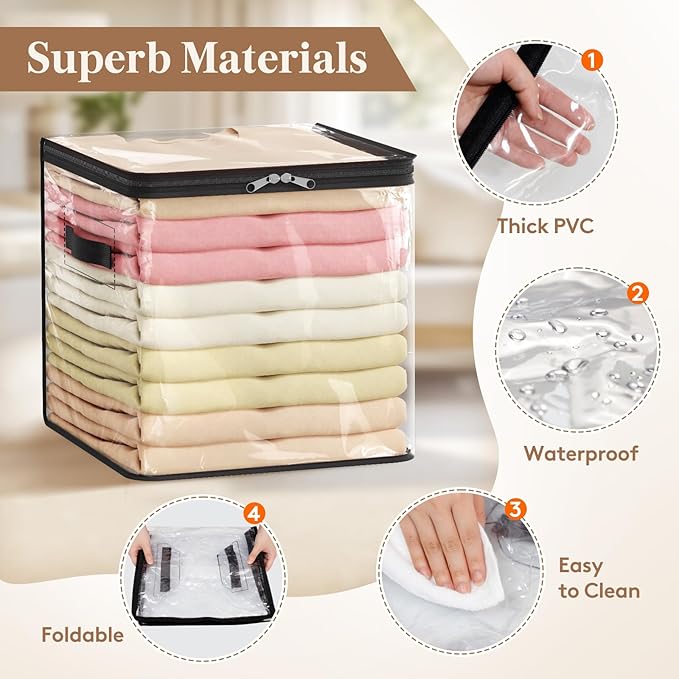 Lifewit 4 Pack Clear Clothes Storage Bags, 13 Inch Clear Cube Storage Bins, 36L Vinyl Foldable Moving Bags with Zipper, Storage Container for Sweater Sheets Yarns