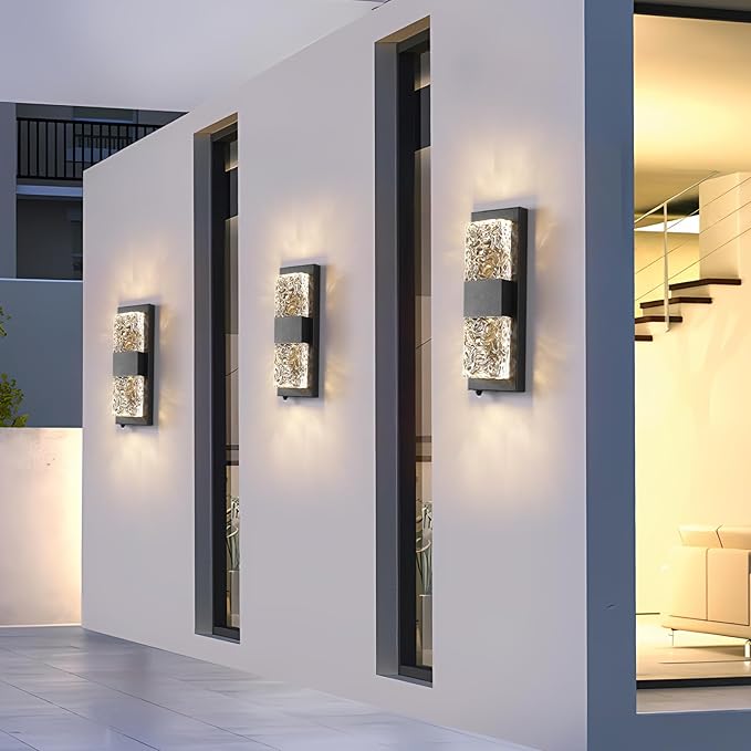 HITTO Dusk to Dawn Outdoor Lighting,Porch Lights Outdoor IP65 Waterproof Exterior Lighting Fixtures 12W LED Ripple Crystal Modern Outside Light for House Hallway Doorway Patio,14.2'' Black, 2PCS