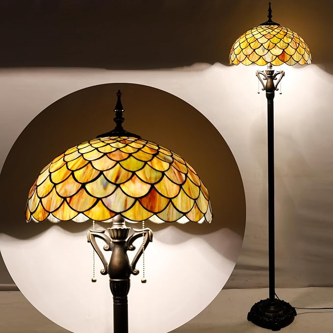 Tiffany Floor Lamp Brown Fish Scales Stained Glass Standing Reading Light 16X16X64 Inches Antique Pole Corner Lamp Decor Bedroom Living Room