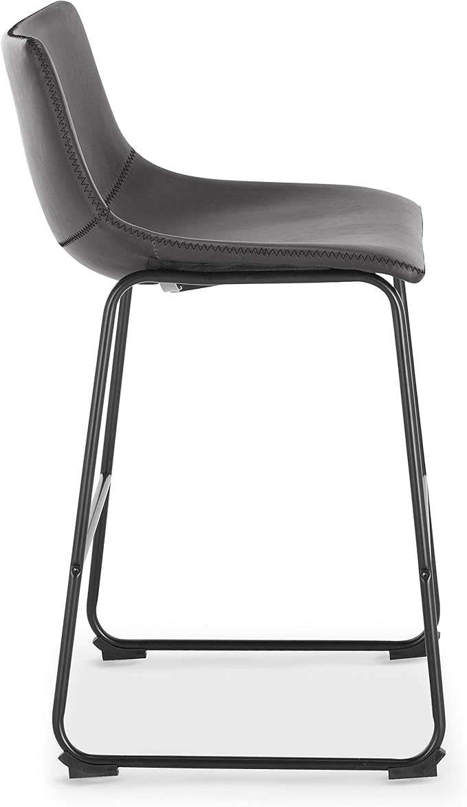 POLY & BARK Brinley Counter Stool Set of 3 – Modern Armless Counter-Height Stools with Gently Curved Backrest and Wood Legs – Gray – Faux Leather Seating for Kitchen Island or Breakfast Bar