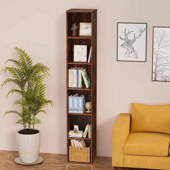 6 Tier Bookshelf, Open Tall Narrow Floor Standing Bookcase, Storage Organizer Bookshelves Freestanding Book Shelf for Living Room, Bedroom, Home Office (Retro Brown, 6 Cube)