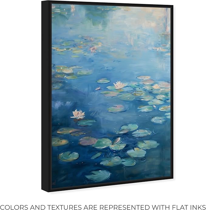 Art Remedy Lilypads In Blues Framed Impressionism 1 Piece Canvas Wall Art/Monet And Van Gogh Inspired Art, 11" x 16", Black Frame