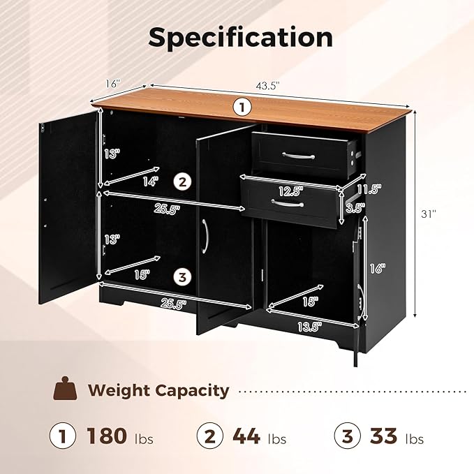COSTWAY Buffet Cabinet with Storage, Farmhouse Sideboard Storage Cabinet with 3 Doors, 2 Drawers & Adjustable Shelf, Console Table, Coffee Bar Credenza Cabinet for Kitchen Cupboard Dining Room (Black)