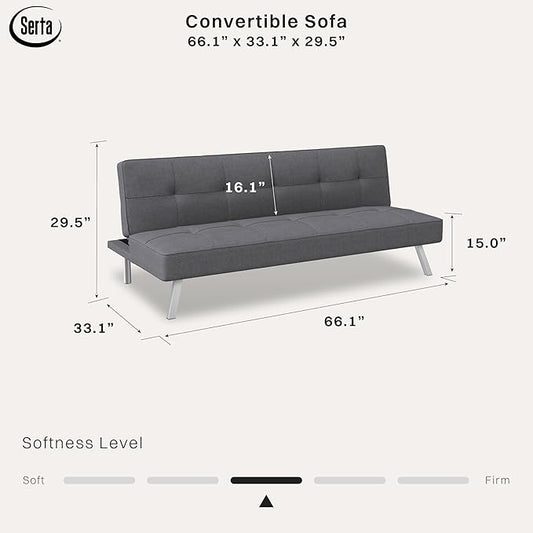 Serta® Rane Futon Sofa Bed 66.1", 3-in-1 Convertible Couch Sleeper for Small Spaces, Tufted Back, Twin Size Guest Bed, Chracoal Woven Fabric