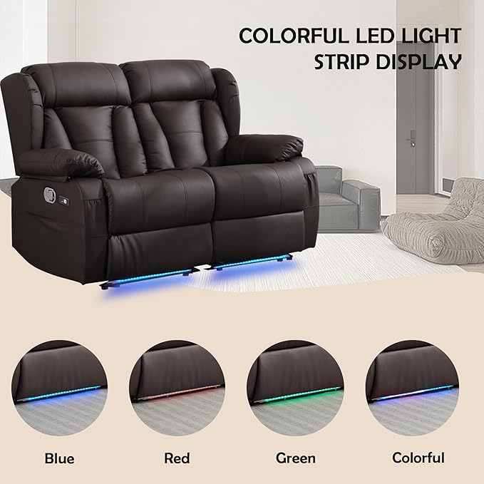 59" Loveseat Recliner Sofa, Manual Reclining Double Loveseat with USB-A & USB-C Ports/LED Lights, RV Couch for Living Room & Home Theater with Cup Holders/Side Pockets (Brown with LED)