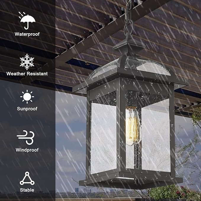 Darkaway Outdoor Pendant Light Fixture Lantern, Large 20inch Hanging Porch Light with Glass Aluminum Outdoor Pendant Lights for Porch, Patio, Entryway (Large, Black)