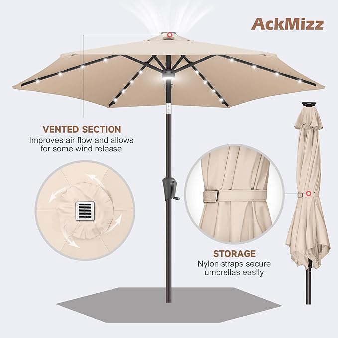 7.5ft Solar Umbrella Outdoor - Lighted Solar Patio Umbrella with 24 LED Lights Waterprool UV Protection, Table Umbrella with Tilt for Pool, Porch, Garden, Deck, Backyard (Beige)