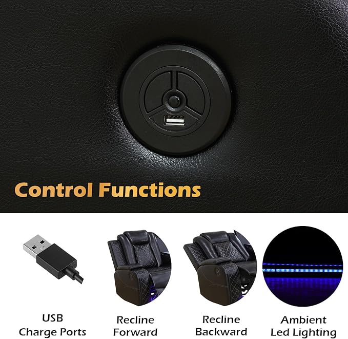 Leather Power Recliner Sectional Sofa Set with LED Light,L Shaped Leather Couch Set with Chair*2,Modular Corner Sofa with USB Ports for Living Room Furniture(Black, Sectional+Chair*2)