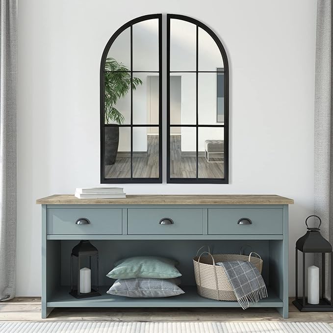 Black Arched Mirror Set of 2,Window Pane Mirror for Wall Decor,Farmhouse Wall Mounted Mirrors for Entryway,Hallway,Living Room,Fireplace.2-Pack 38"X13.4"