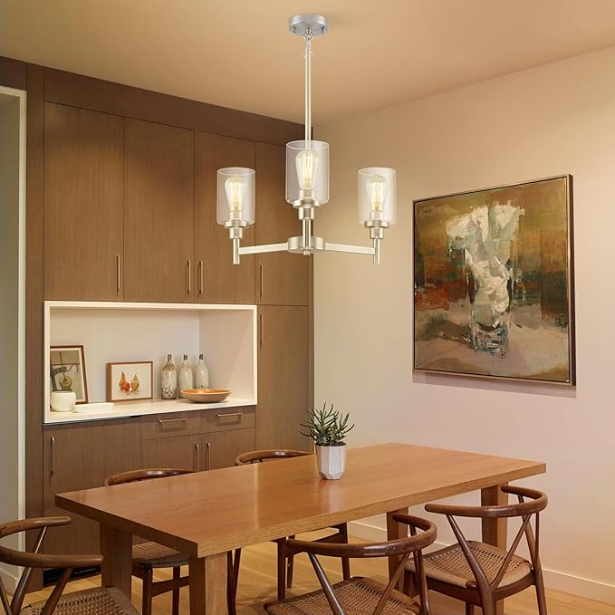 3 Lights Brushed Nickel Chandeliers for Dining Room Light Fixture Over Table, Entryway Chandelier for Foyer, Hallway Lighting Fixtures with Glass Shade for Kitchen Island Foyer Hallway