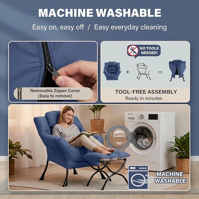 Lazy Chair and Ottoman, Peach Blue Large Accent Chair with Side Pocket, Modern Leisure Upholstered Sofa Reading Armchair with Footrest for Office, Bedroom, Living Room, Dorm Rooms, Balcony