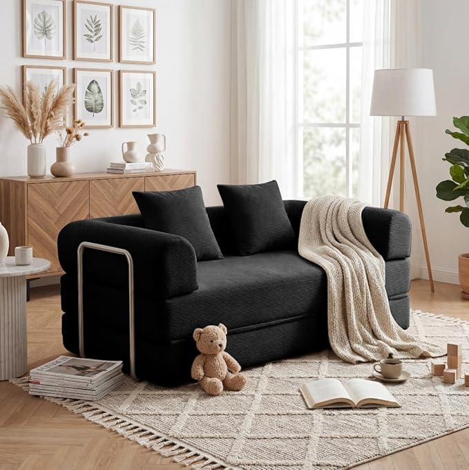 53.15'' Convertible Compressed Corduroy Folding Cloud Sofa Bed, Modern Boneless Pull Out Loveseat Sleeper in a Box, 4 in 1 Floor Mattress Futon Cloud Couch, No Assembly Needed, Black, 2 Pillows, Full