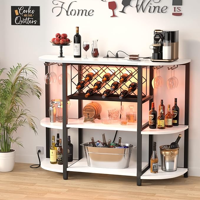 Unikito Bar Table Cabinet with Charging Station,Wine Rack Table with LED Light and Storage, Freestanding Floor Bar Cabinet for Liquor and Glasses for Home Kitchen Dining Room, White