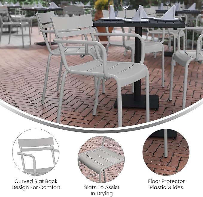 Flash Furniture Nash Commercial Grade Steel Stack Chair, Indoor-Outdoor Arm Chair with 2 Slat Back, Set of 2, Silver