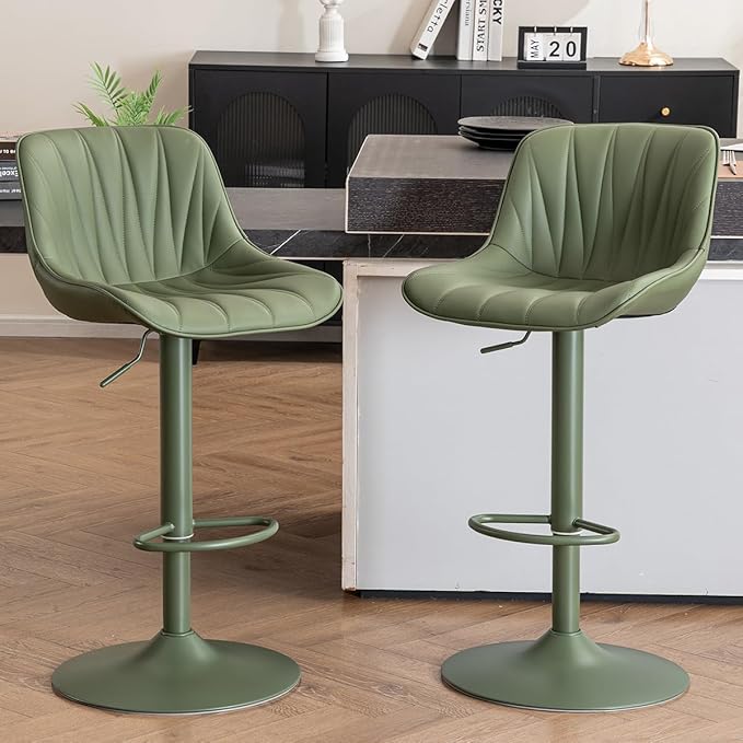 Kidol & Shellder Bar Stools Set of 2 Green Adjustable Swivel Counter Height Barstools Upholstered Modern PU Leather Bar Chairs Stools for Kitchen Island