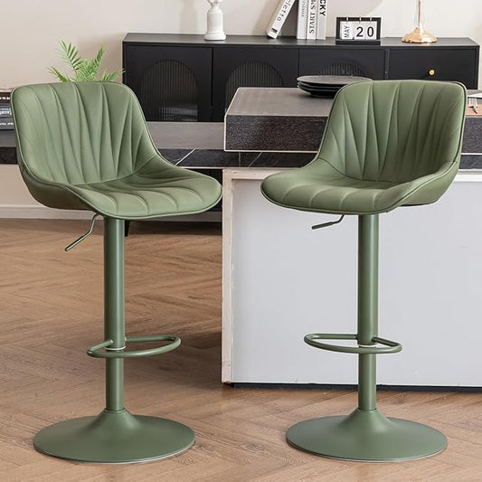 Kidol & Shellder Bar Stools Set of 2 Green Adjustable Swivel Counter Height Barstools Upholstered Modern PU Leather Bar Chairs Stools for Kitchen Island