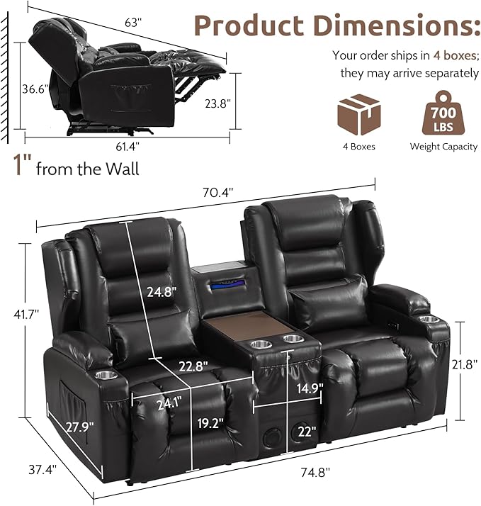 SAMERY Loveseat Recliner Sofa, Power Reclining Loveseat Sofa, Wall Hugger Recliners RV Couch with Console, Lift-Top Table, Rhythm & Ambient LED Lights, USB-C, Outlets, Faux Leather, Black | Extra Wide Seat, Plush Padding, Dual Power Recline, Lift-Up Ta...