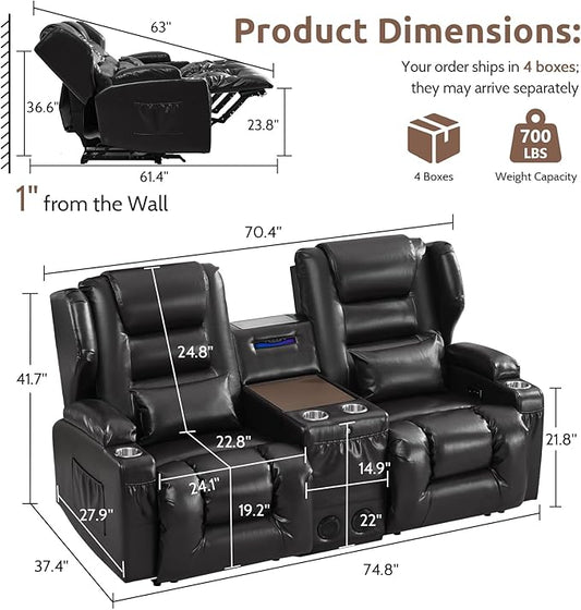 SAMERY Loveseat Recliner Sofa, Power Reclining Loveseat Sofa, Wall Hugger Recliners RV Couch with Console, Lift-Top Table, Rhythm & Ambient LED Lights, USB-C, Outlets, Faux Leather, Black | Extra Wide Seat, Plush Padding, Dual Power Recline, Lift-Up Ta...