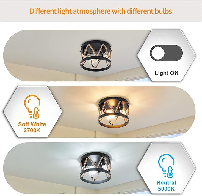 Industrial 3-Light Farmhouse Ceiling Light Fixture with Rope Shade, Rustic Vintage Black Metal Round Ceiling Lamp for Dining Room, Hallway, Foyer, Bedroom, Entryway
