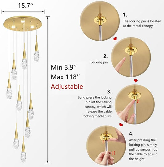 118 Inches Long Chandelier Adjustable Hanging Lights Modern Glam Crystal Ceiling Pendant Dimmable Lighting Fixture for Hallway Foyer Living Room Antique Gold