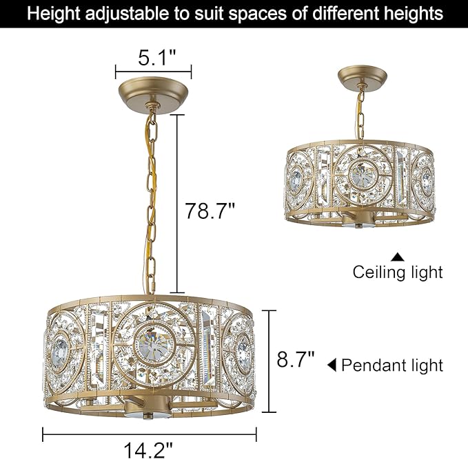 Vintage Crystal Round Chandelier 14.17" Gold Dining Room Chandelier Over Table 4-Lights Classic Drum Pendant Light Fixture for Living Room Kitchen Island Entryway.