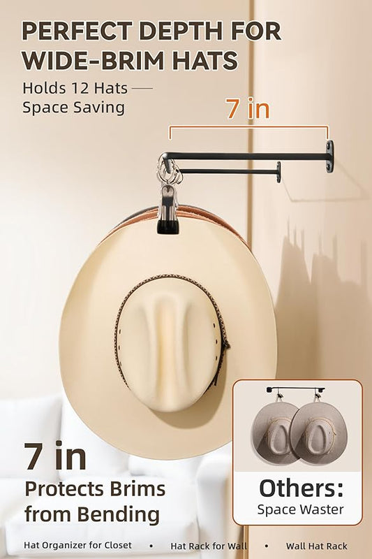Cowboy Hat Rack for Wall Cowboy Hats Hook with 12 Clips Metal Cowboy Hat Hanger for Bucket Baseball Caps Sunhat Winter Beanies Fedora Hat Organizer Hat Holder on Wall Women Men Closet Black 2 Pcs