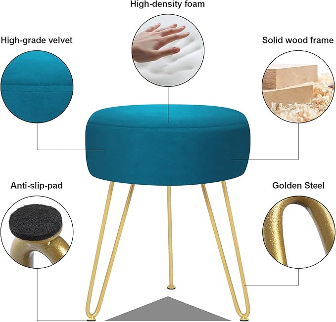 Velvet Soft Modern Vanity Footstool -Round Footrest Stool Ottoman Side Table Seat Dressing with Golden Metal Leg and Sponge Filling,Upholstered Foot Rest for Living Room (Peacock blue2)