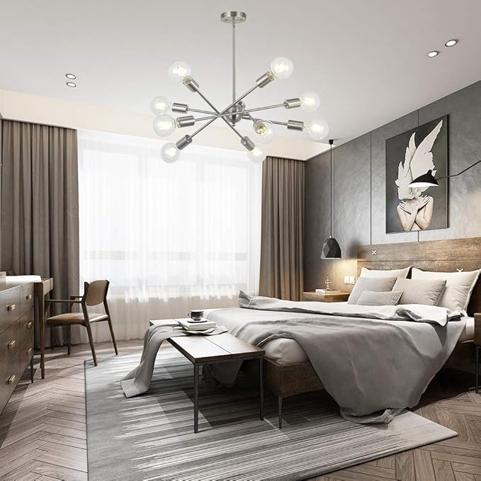 BONLICHT Modern Sputnik Chandelier Lighting 10 Lights with Adjustable Arms Mid Century Brushed Nickel Pendant Lighting for Kitchen Living Room Dining Room Foyer