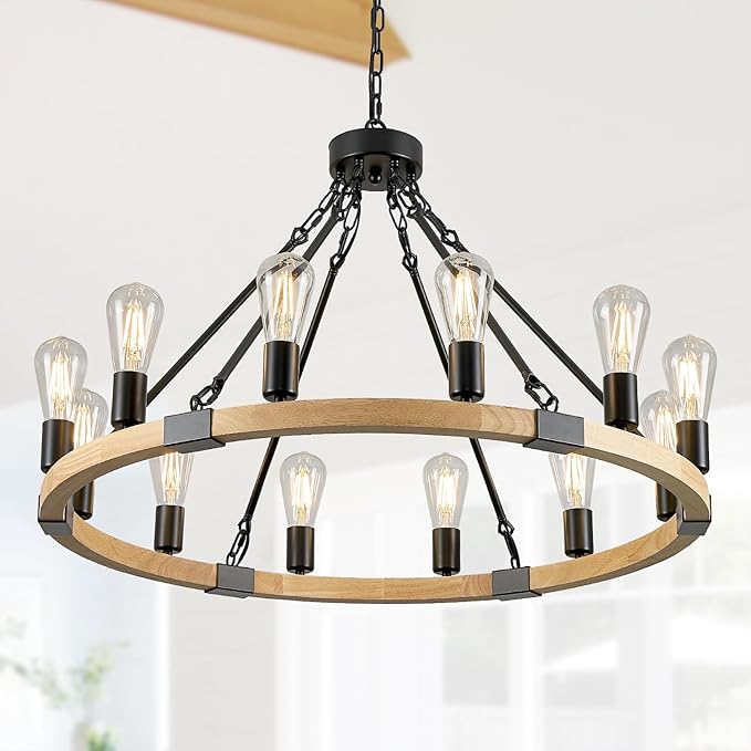 31.5'' 12 Lights Wooden Wagon Wheel Chandelier Natural Farmhouse Wood Round Chandelier Black Rustic Light Fixture for Living Dining Room Entryway Foyer Kitchen