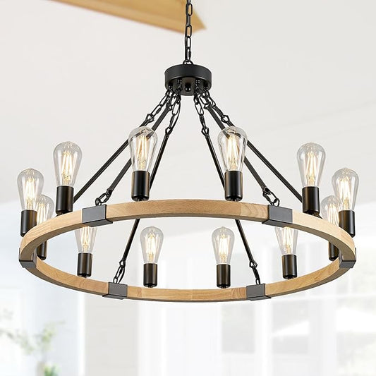 31.5'' 12 Lights Wooden Wagon Wheel Chandelier Natural Farmhouse Wood Round Chandelier Black Rustic Light Fixture for Living Dining Room Entryway Foyer Kitchen
