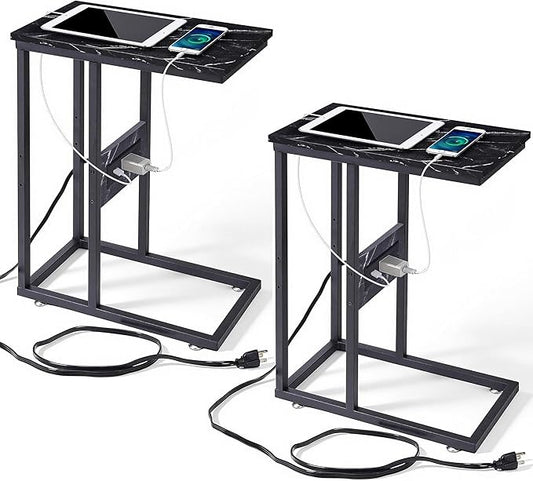 VECELO C Shaped End Side Table with Charging Station & Power Outlets for Couch Sofa/Bed, Snack TV Tray with Metal Frame for Living Room Bedroom 2 PCS Black Marble