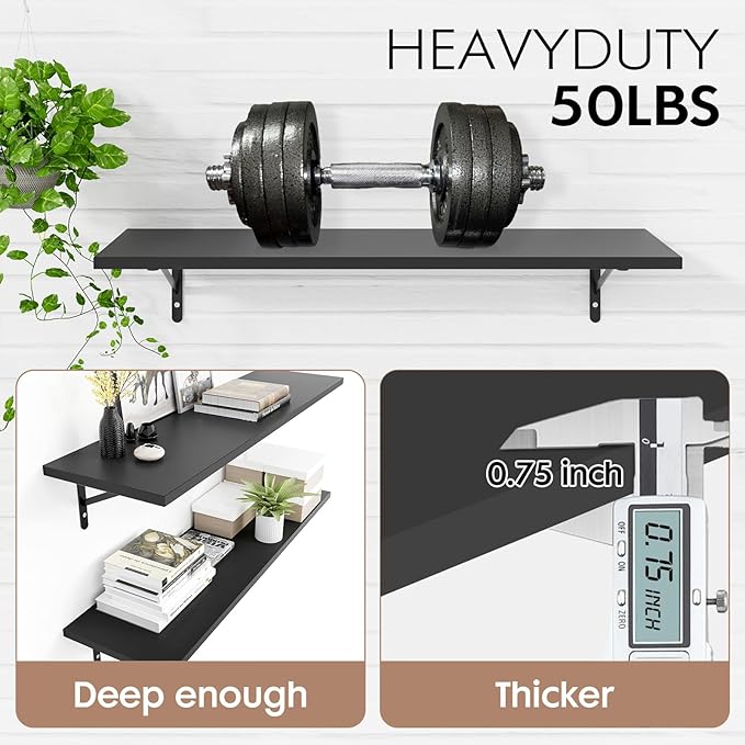 Kaboon 45 inch Long 10 inch Deep Floating Shelves for Wall Set of 2, Large Open Shelves Wall Mounted, Space Saving Home and Commercial Use, Black