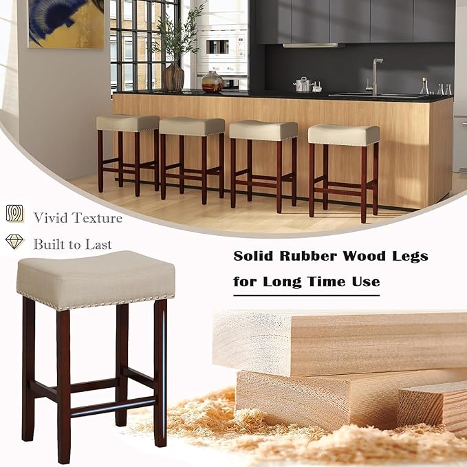 ERGOMASTER Bar Stools, 24 Inch Modern Saddle Stools, Rubber Wood, Khaki/Brown, Set of 2