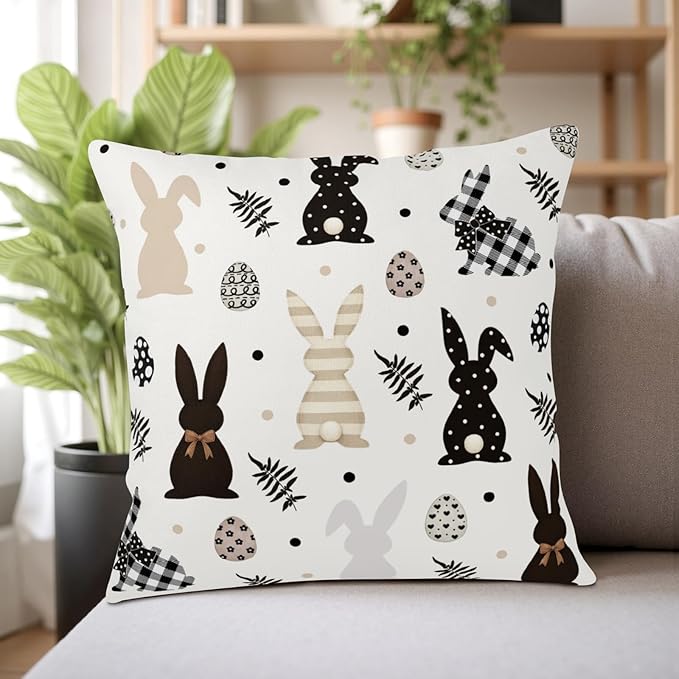 Easter Outdoor Bunny Pillow Covers 24x24 Set of 2 Black White Polka Dot Rabbit Eggs Pillow Case Farmhouse Holiday Cushion Covers for Sofa Couch Home Decor