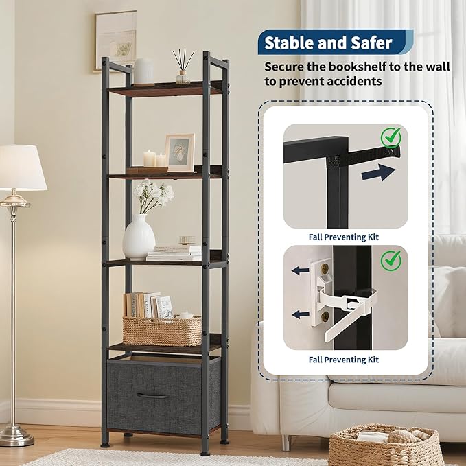 Whitmor 5-Tier Bookshelf with Drawer, Modern Display Bookcase with Wood Shelves & Metal Frame, Narrow Standing Storage Organizer for Living Room, Bedroom, Home Office, Black
