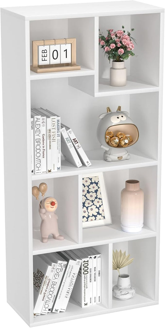 VECELO 42 Inch High Bookcase, 4-Tier Modern Storage Cabinet with Height Difference Shelves for Standard Textbooks, Floor Standing Display, 7 Cubes, Horizontal Avaiable, Easy Assembly, Pearl White