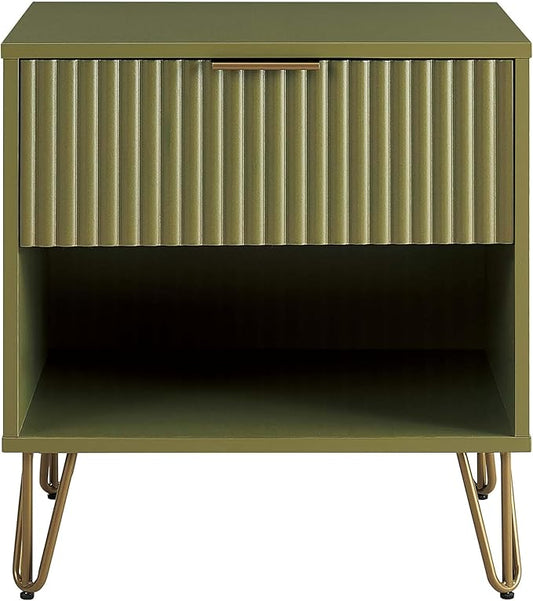 Manhattan Comfort Dumbo Fluted Nightstand with Drawer and Open Shelf, Gold Hairpin Legs and Metal Handle, Snap Tool-Free Assembly, Modern Bedside Accent Table for Bedroom or Living Room in Olive Green